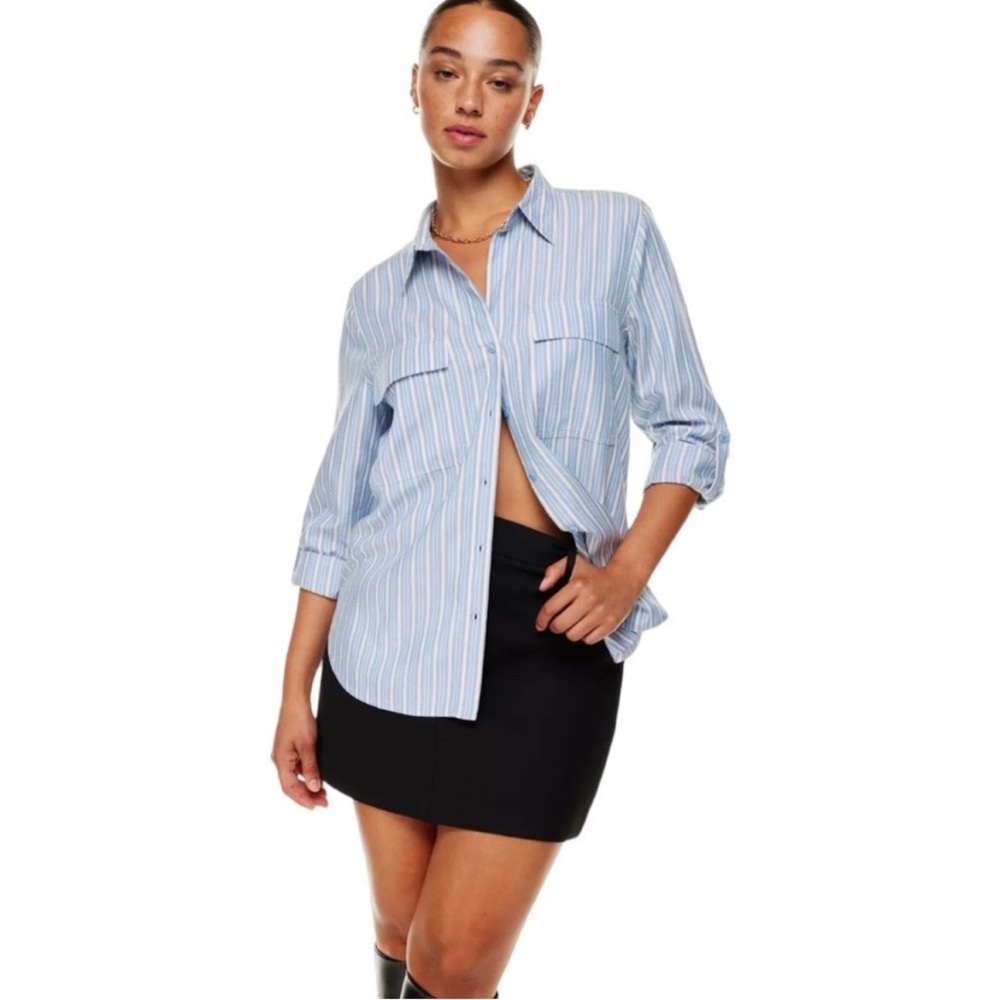 Babaton utility blue striped tencel lyocell button down shirt size small
